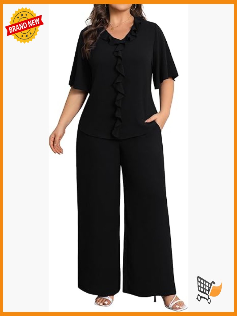 Plus Size Ruffle V Neck Top Wide Leg Pants Set Business Casual